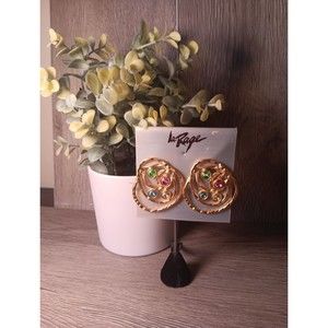 Multicolored Crystal Stone Earrings~1.75 Diam Pierced Matte Gold Tone